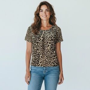 RAFAELLA PETITE PL L Brown Tan Leopard Cheetah Chiffon Blouse R $49